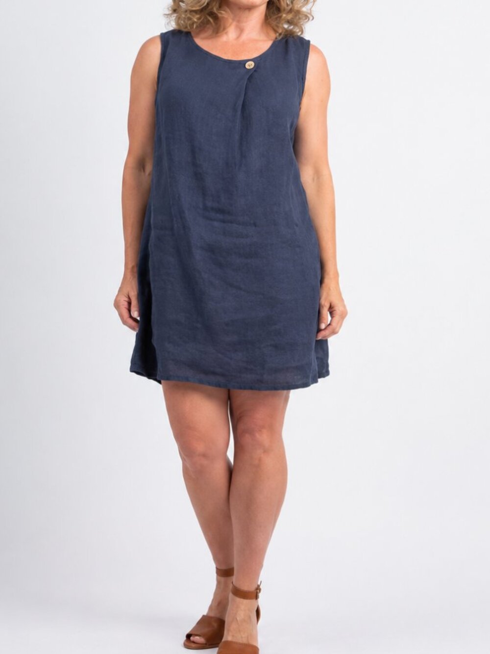 M MADE IN ITALY 100% Linen Shift Dress Tunic Stretch Sides Navy Women's Large